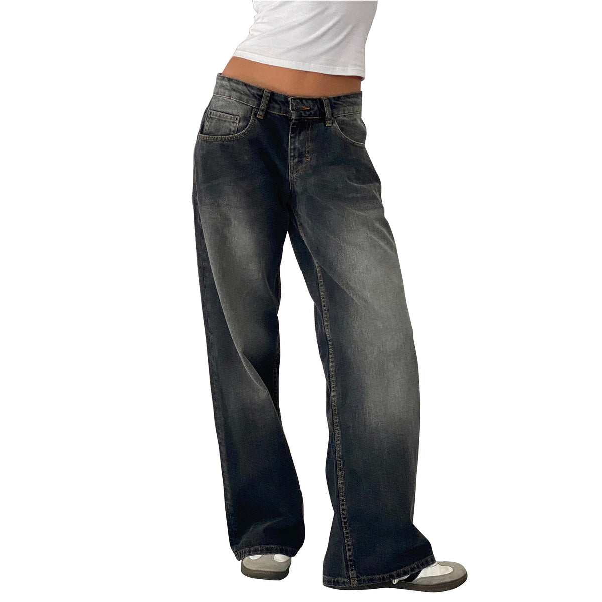 Vaqueros rectos de cintura baja de color liso retro casual para mujer