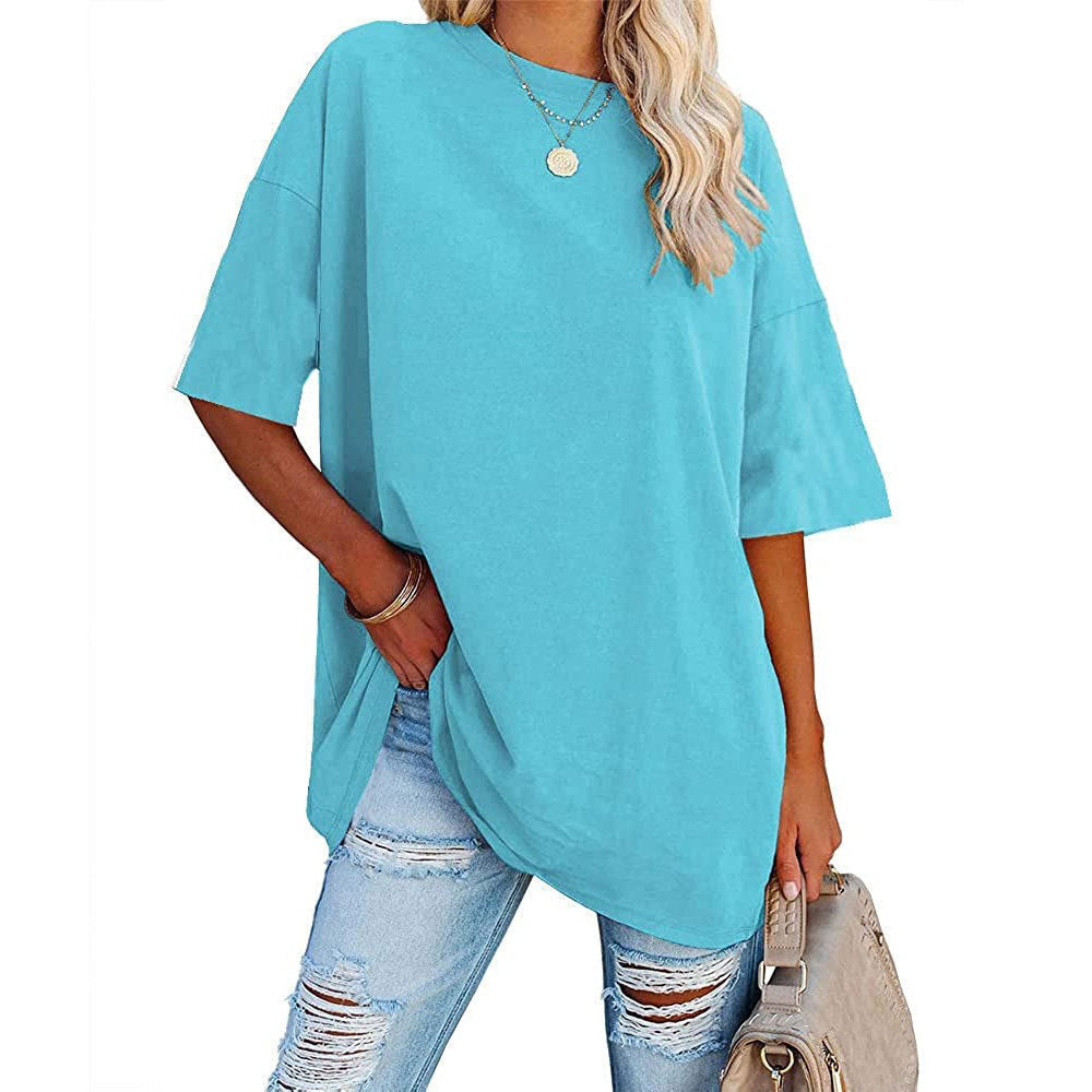 Camiseta informal de manga corta con cuello redondo para mujer, lisa, holgada y lisa
