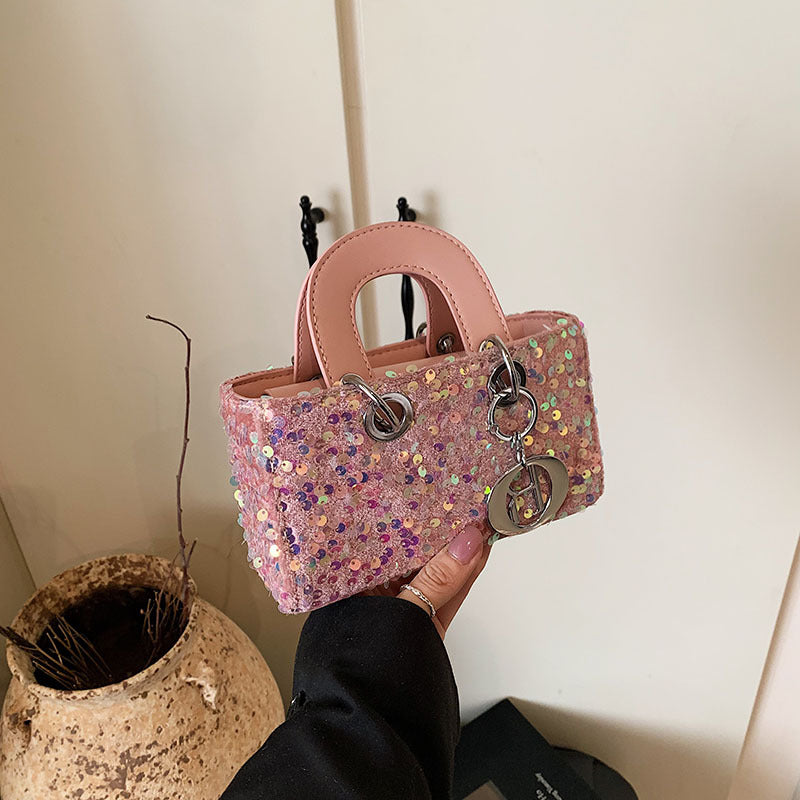 Mini bolso bandolera de verano con lentejuelas brillantes y correa de perlas