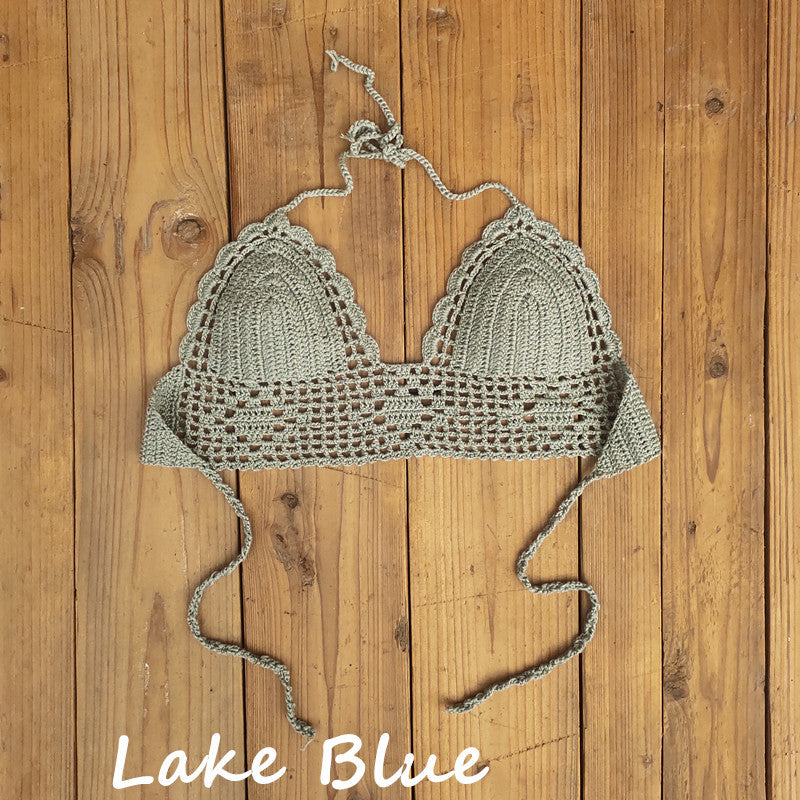 Top de bikini de crochet con cuello halter, sexy, de color liso para mujer
