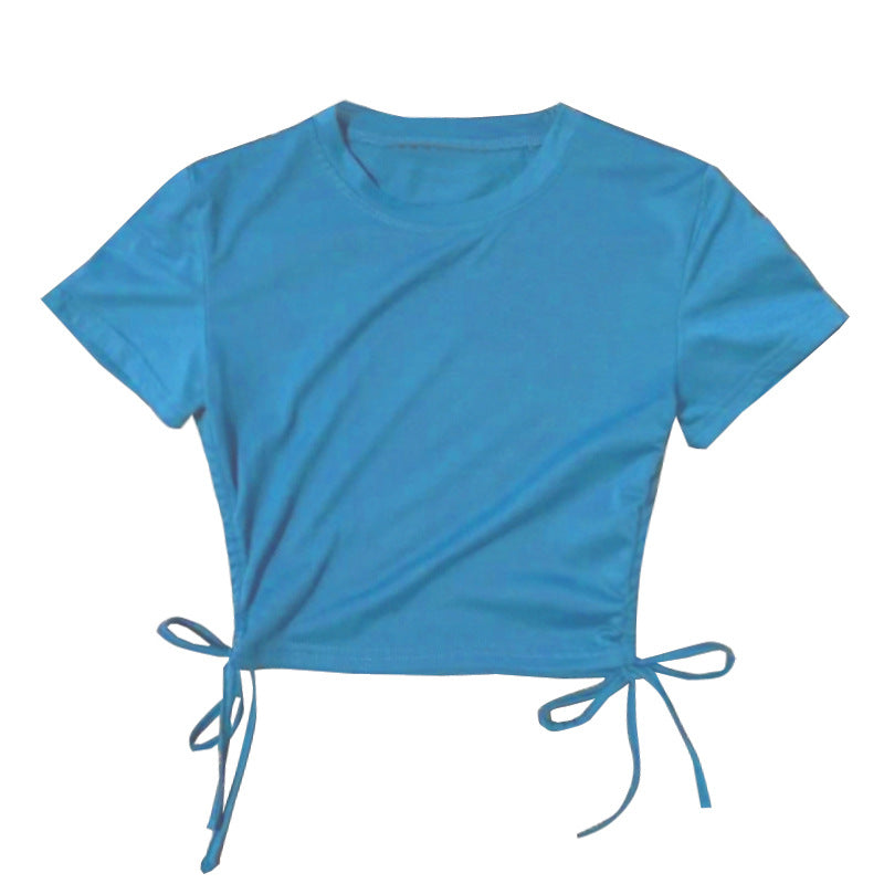Top corto de manga corta con cordón ajustable, sexy, de color liso, a la moda para mujer