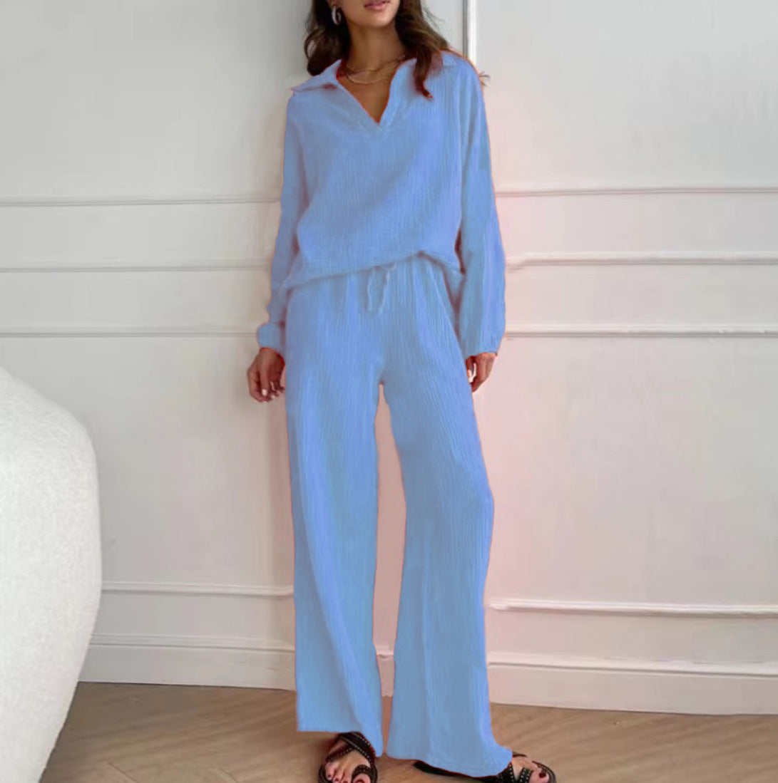 Ensemble deux pièces à col en V et couleur unie pour femme