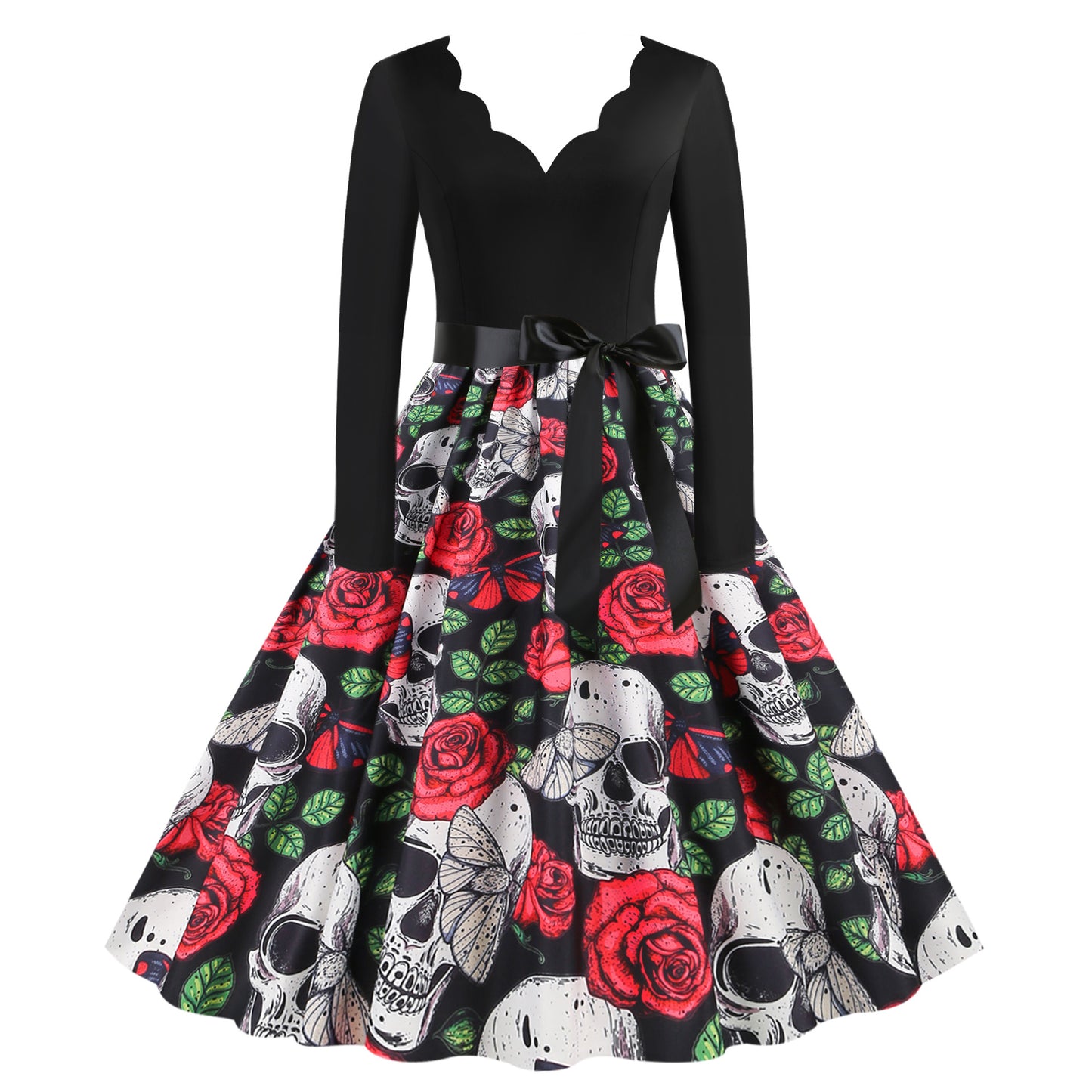 Vestido informal de Halloween con estampado de calavera y rosa para mujer