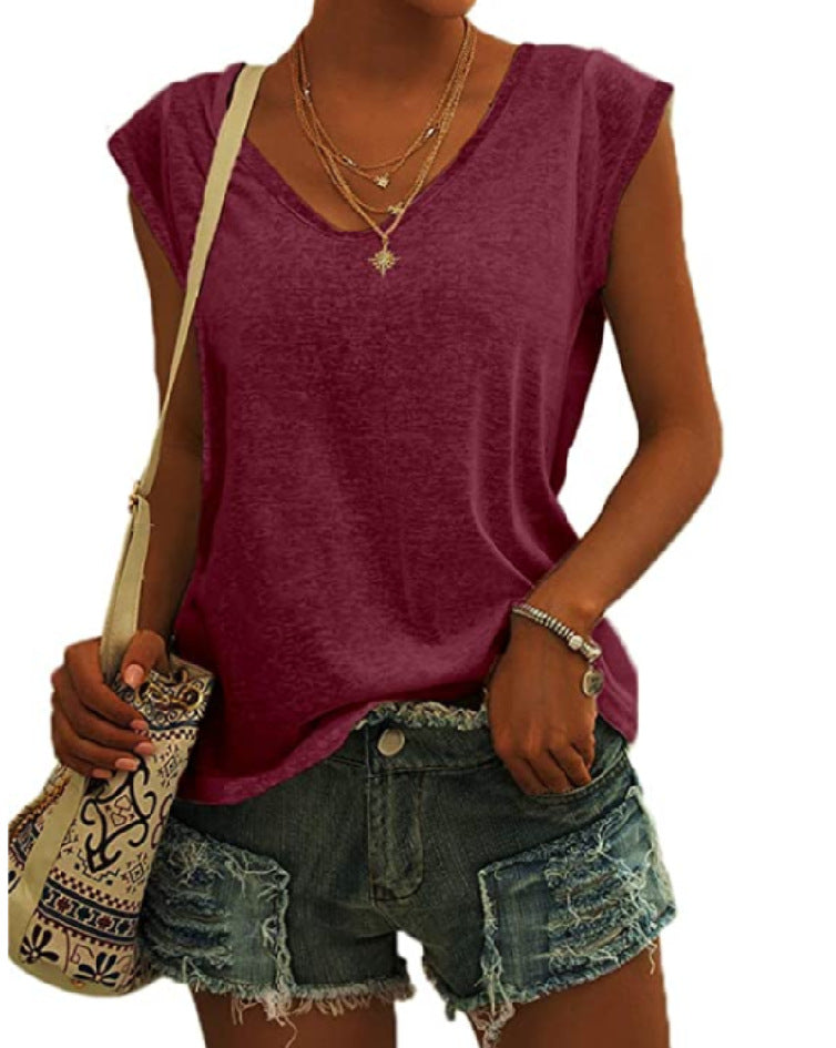 Camiseta sencilla de verano para mujer, color liso, con cuello en V