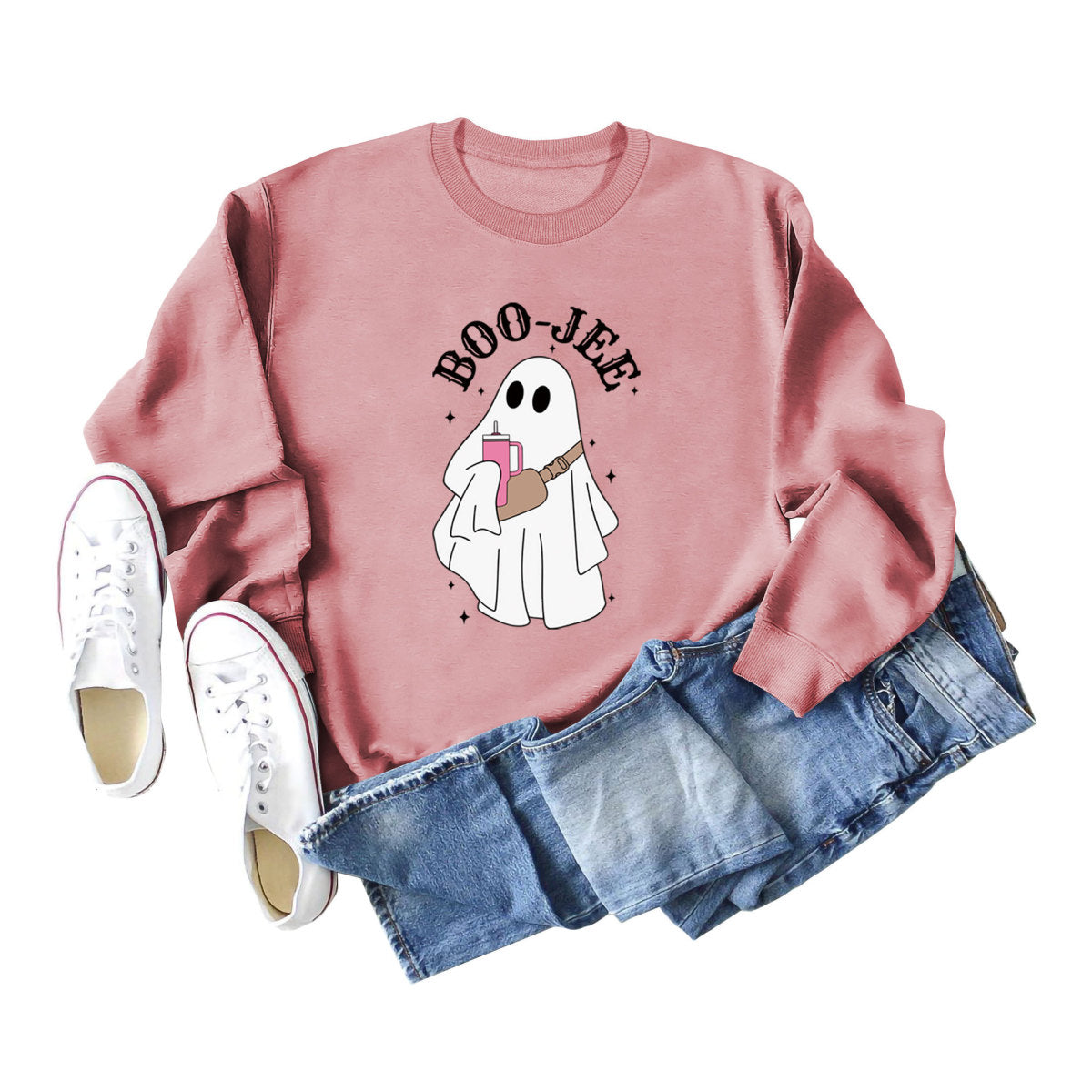 Sweat-shirt ras du cou imprimé fantôme de dessin animé pour femme Halloween