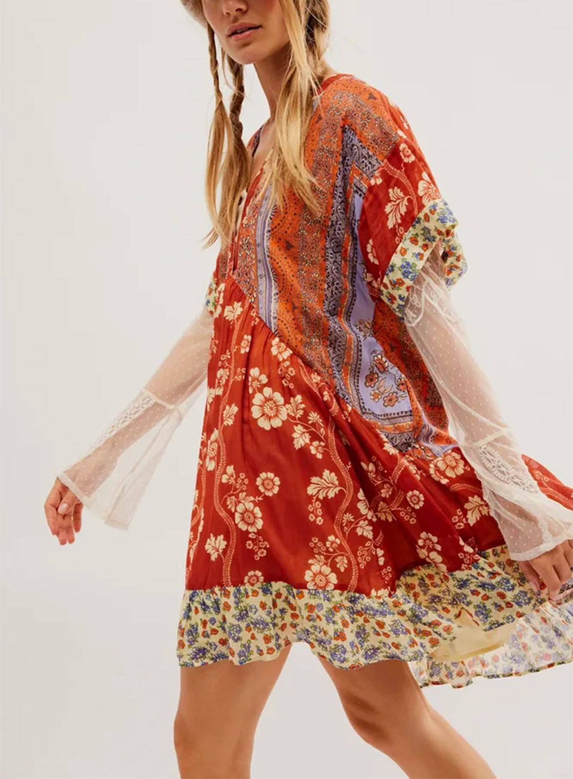 Women Fashion Casual Boho Multicolor Printed Stripe V-Neck Dress