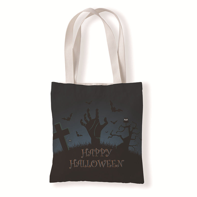 Bolsa de lona con estampado de calabaza y murciélago de Halloween con dibujos animados