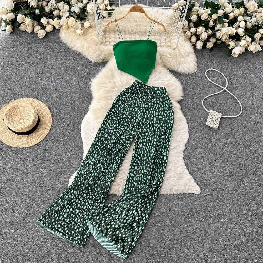 Ensemble deux pièces pour femme, caraco à bretelles spaghetti et pantalon large en tissu mélangé