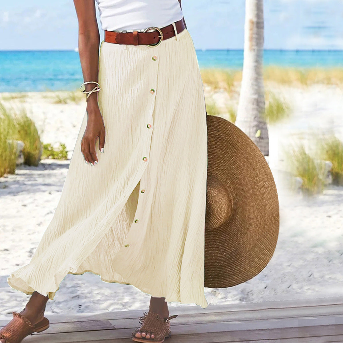 Summer Women Casual Button Decorative Cotton Skirt
