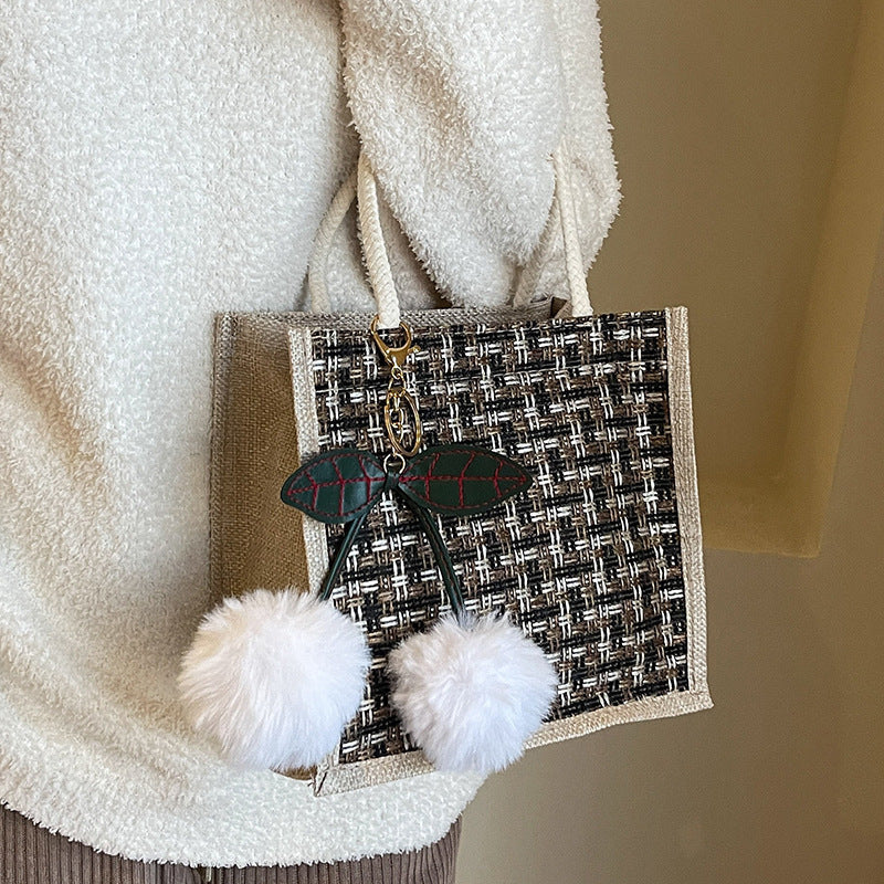 Women Fashion Casual Color Block Cherry Pendant Tote Bag