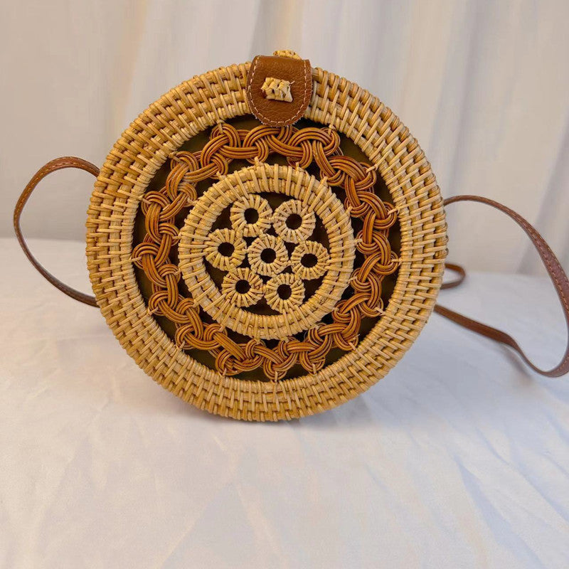 Sac rond en paille tissée vintage de style bohème