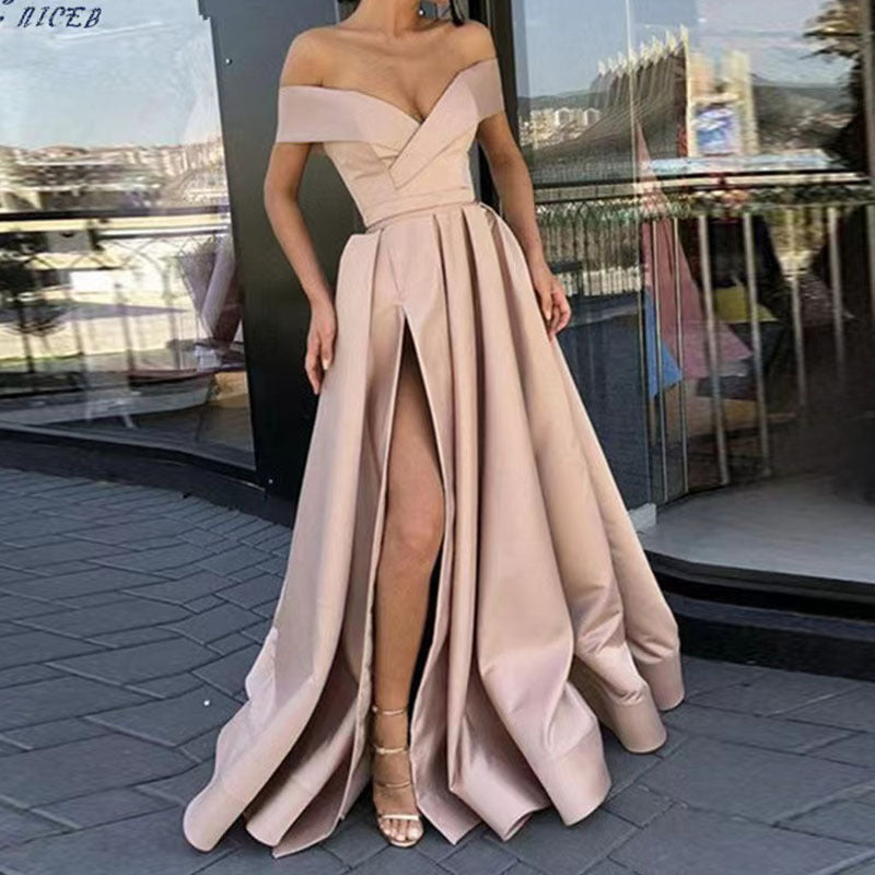 Women Sexy Elegant Satin Deep V-Neck Off Shoulder Party Dress