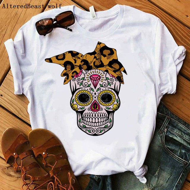 Camiseta de manga corta con estampado de calavera de Halloween para mujer
