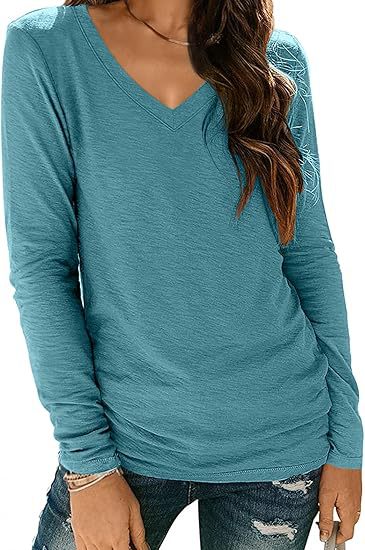 Women Fashion Casual Solid Color V-Neck Long Sleeve Blank T-Shirt