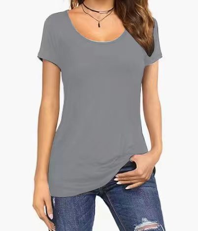 Camiseta de verano para mujer, sencilla, de color liso, con cuello redondo y manga corta.
