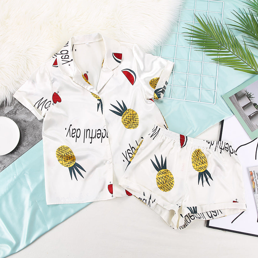Women Loose Casual Silk Short-Sleeved Top Shorts Pajamas Set