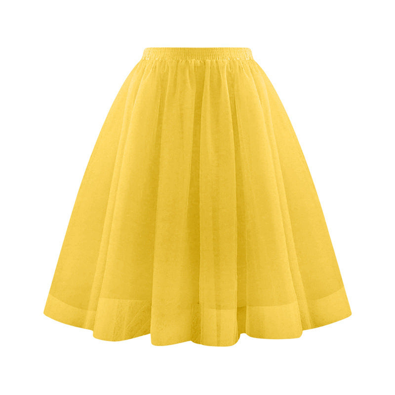 Women Fashion Elegant Solid Color High Waist Pleated Mesh Skirt