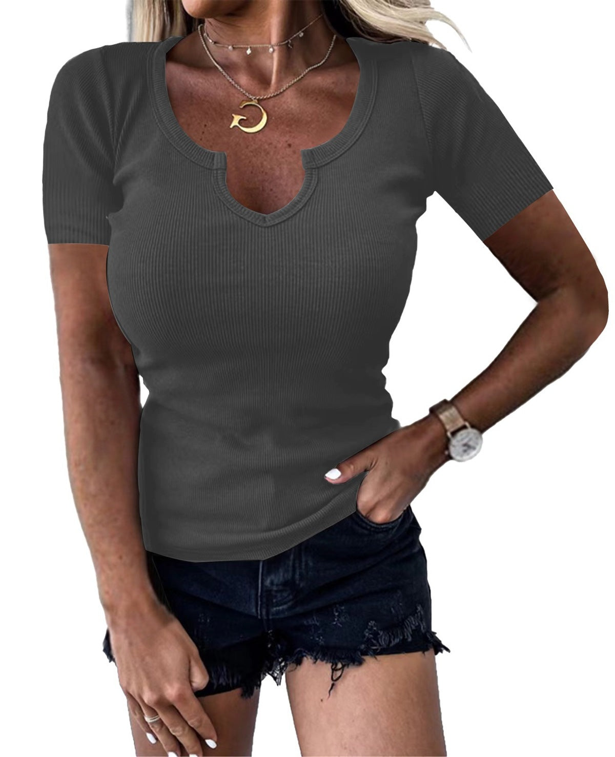 Camiseta informal de cuello en U profundo para mujer, color liso y lisa