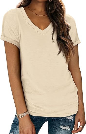 Camiseta informal de verano para mujer, color liso, cuello en V, manga corta, sin mangas