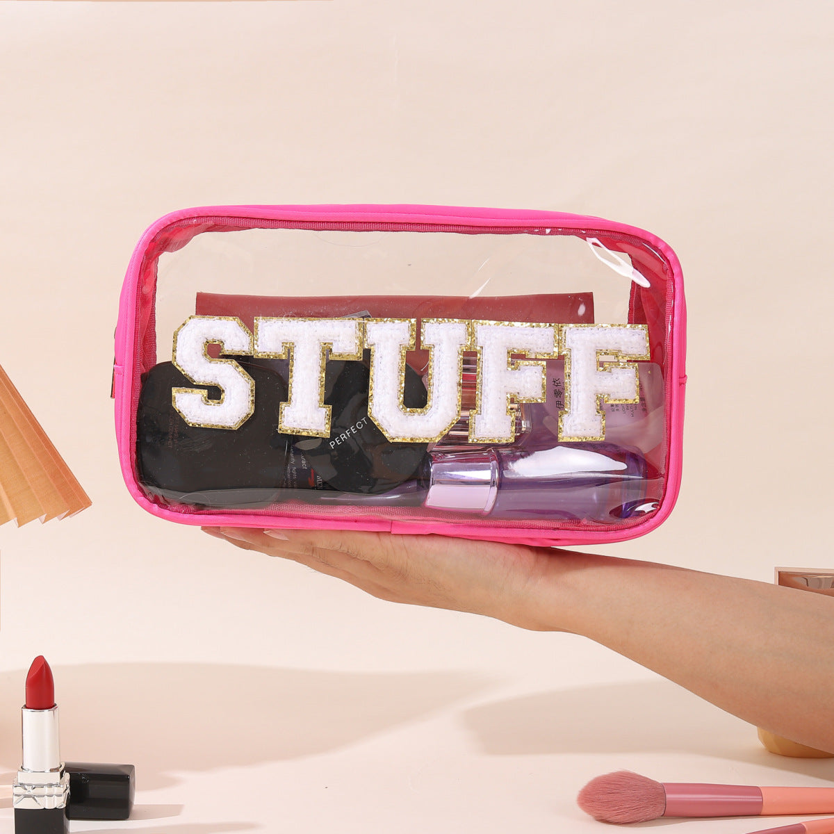 Bolsa de cosméticos impermeable de PVC transparente con letras bordadas