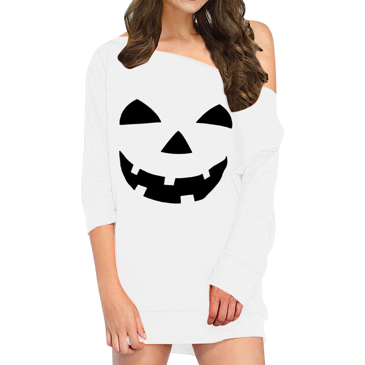 Vestido holgado de manga larga con estampado de calabaza y sonrisa de Halloween para mujer