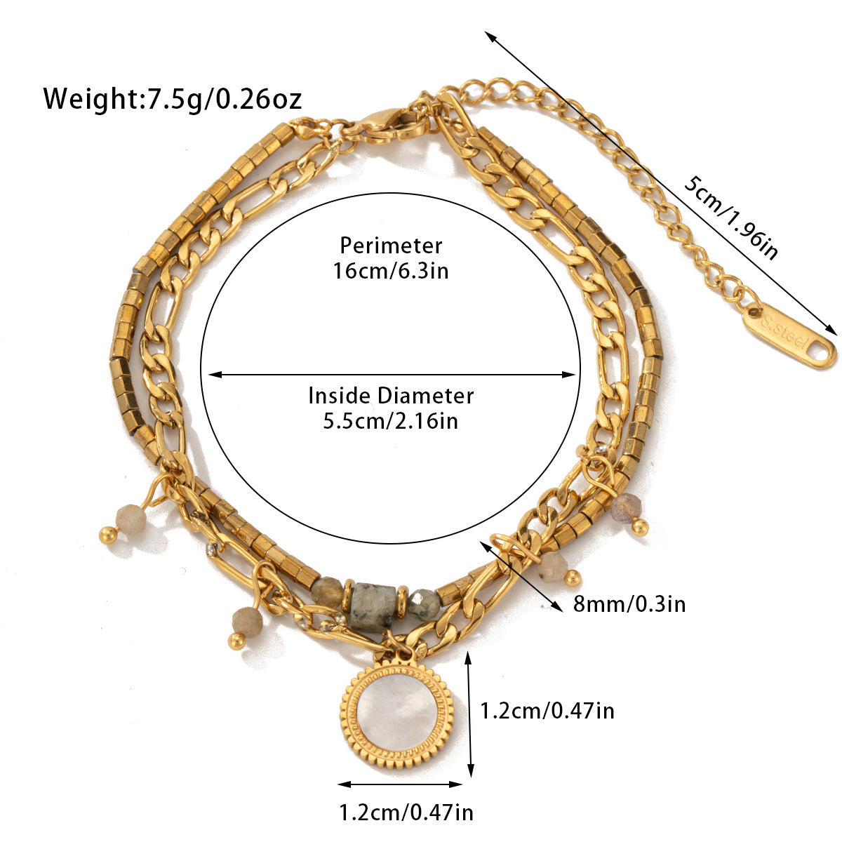 Pulsera bohemia de cuentas de acero y titanio de doble capa