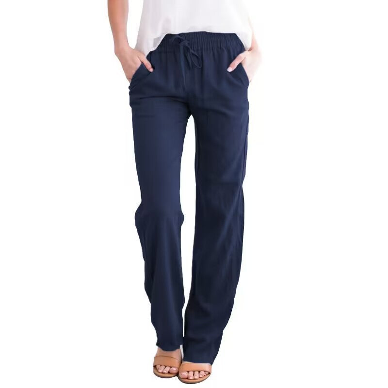 Pantalones casuales de algodón y lino de color sólido para mujer