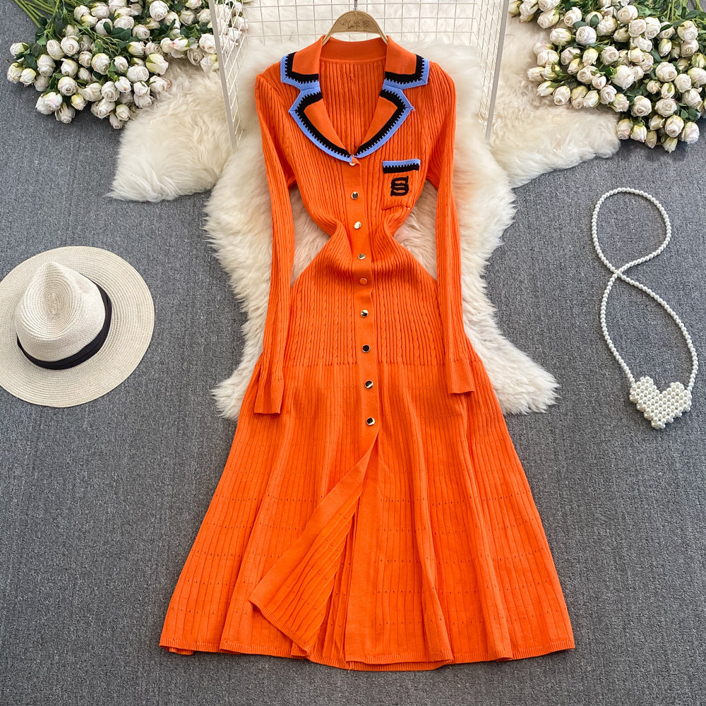 Women Fashion Elegant Contrast Color Knitted Dress