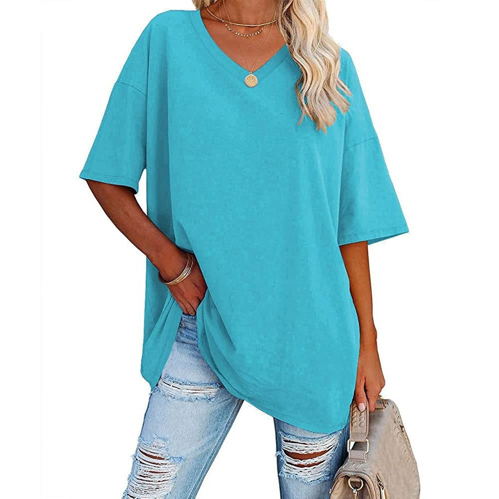 Camiseta informal holgada de manga corta con cuello en V para mujer, color liso