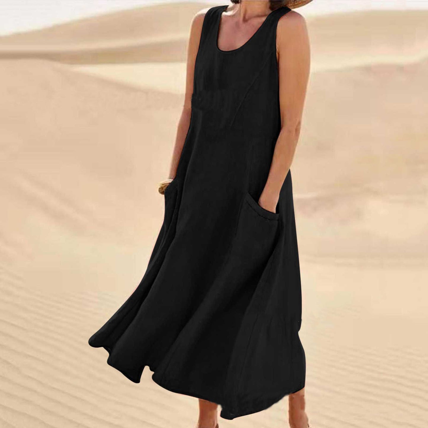 Robe d'été décontractée en lin de couleur unie pour femme