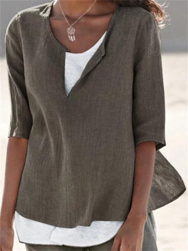 Chemisier décontracté en lin à col en V pour femme, couleur unie