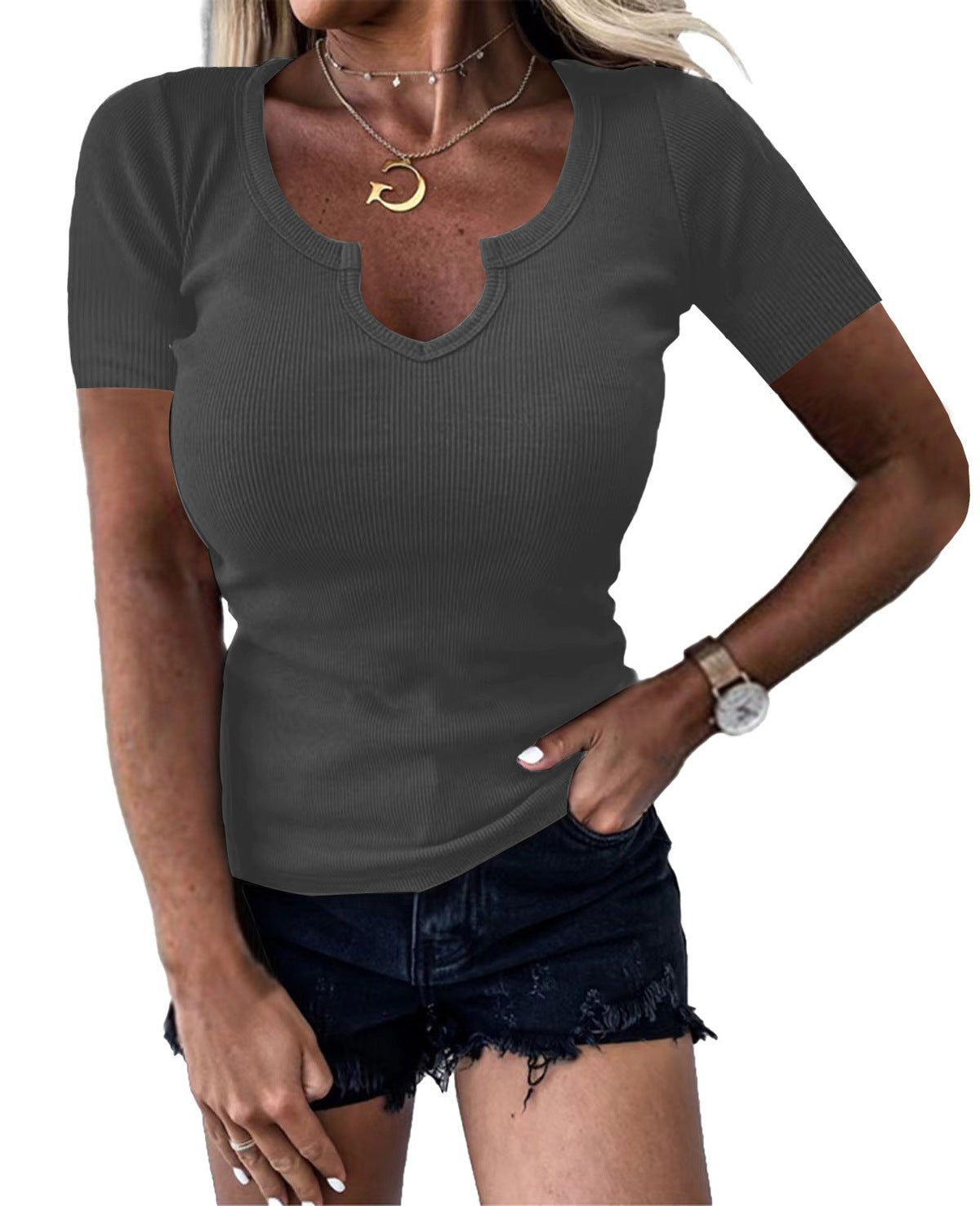 T-shirt décontracté à manches courtes et col en U profond pour femme, couleur unie