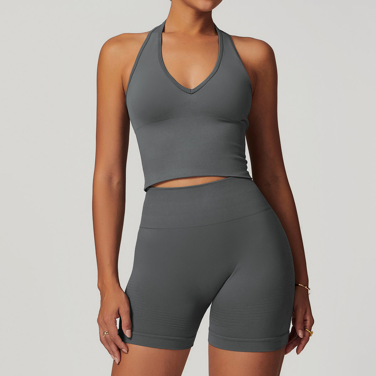 Conjunto de camiseta sin mangas con cuello halter, sin costuras y color liso para mujer
