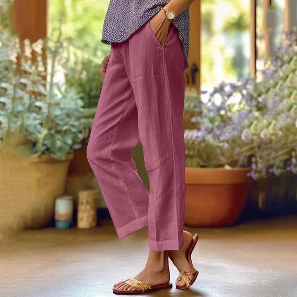 Pantalones casuales de lino y algodón de color liso a la moda para mujer