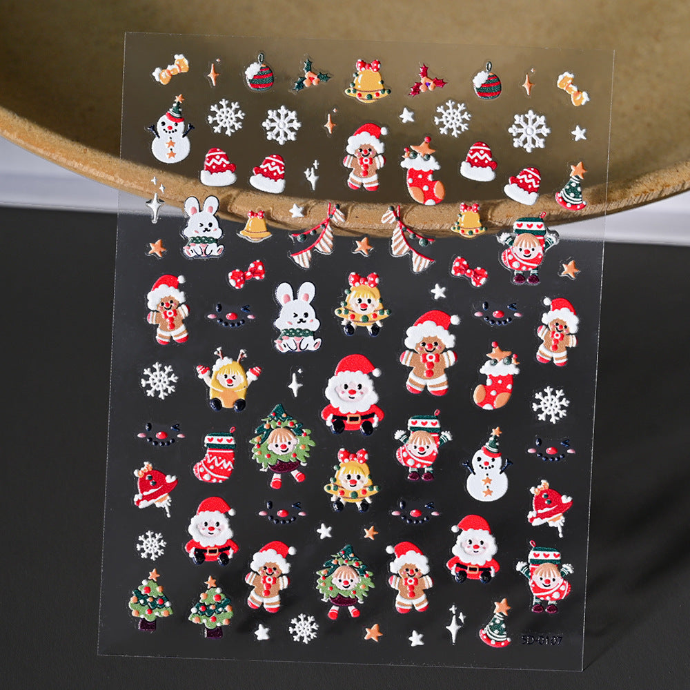 Autocollant pour ongles en relief motif Père Noël, bonhomme de neige et flocon de neige