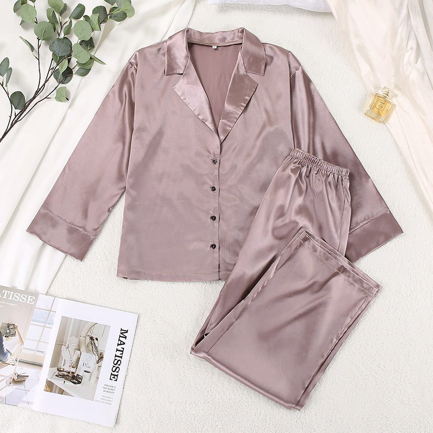 Women's Long-Sleeved Solid Satin Two-Piece Pajamas