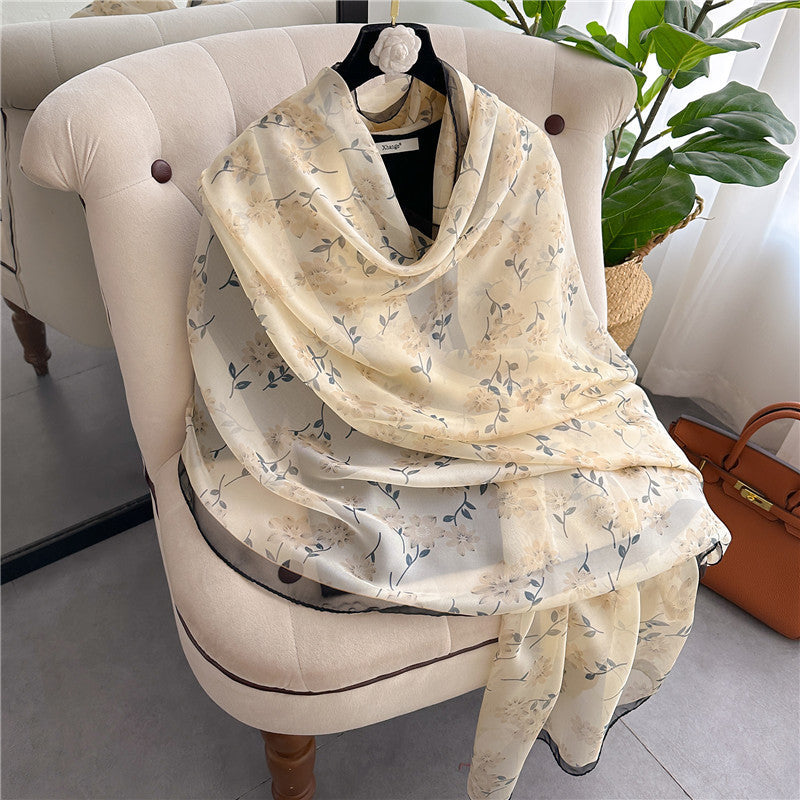 Summer Women Fashion Geometric Leaves Printed Silk Scarf
