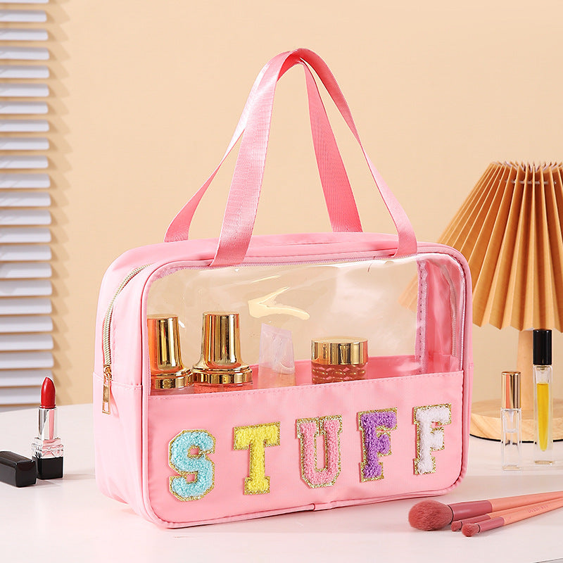 Bolsa de cosméticos transparente de PVC con letras bordadas