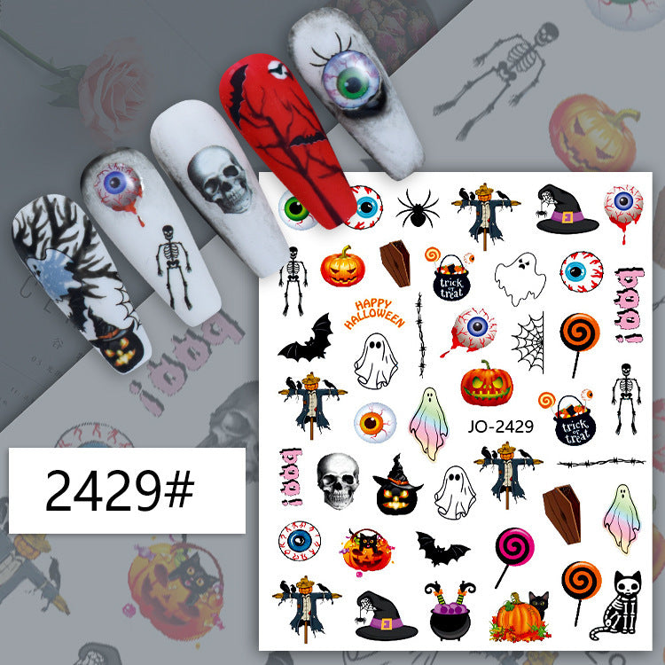 Autocollants pour ongles Halloween, motif crâne, citrouille, chat noir