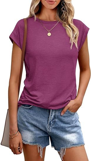 Camiseta informal de verano para mujer, color liso, cuello redondo, manga corta, sin mangas