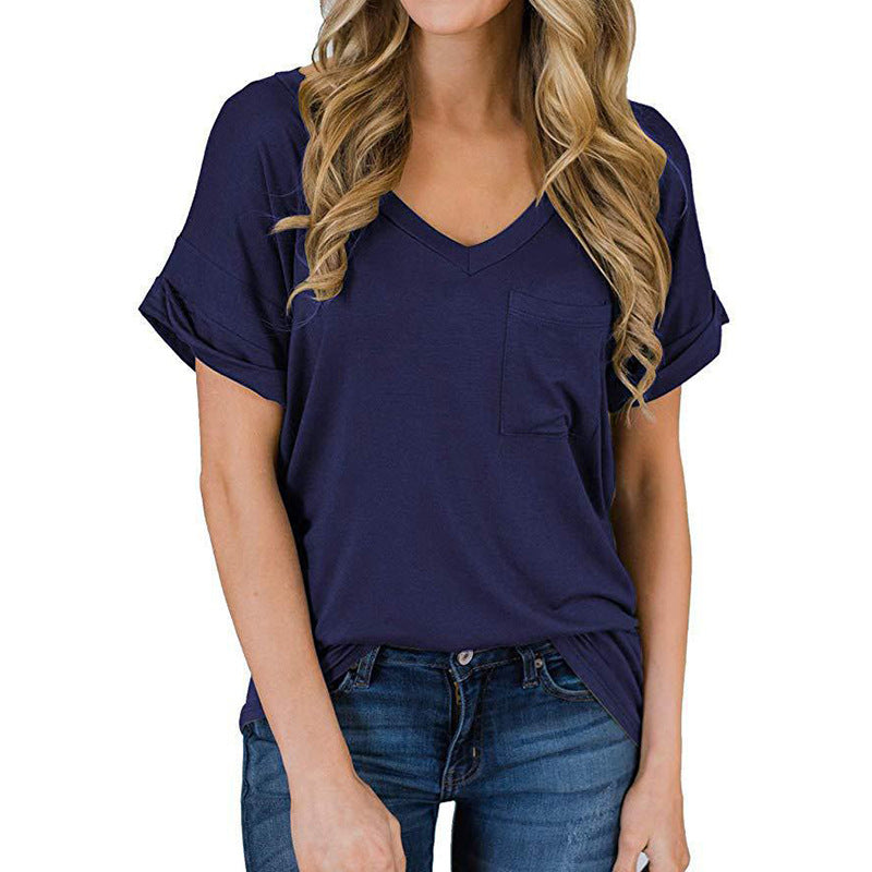 Camiseta lisa de manga corta con cuello en V para mujer