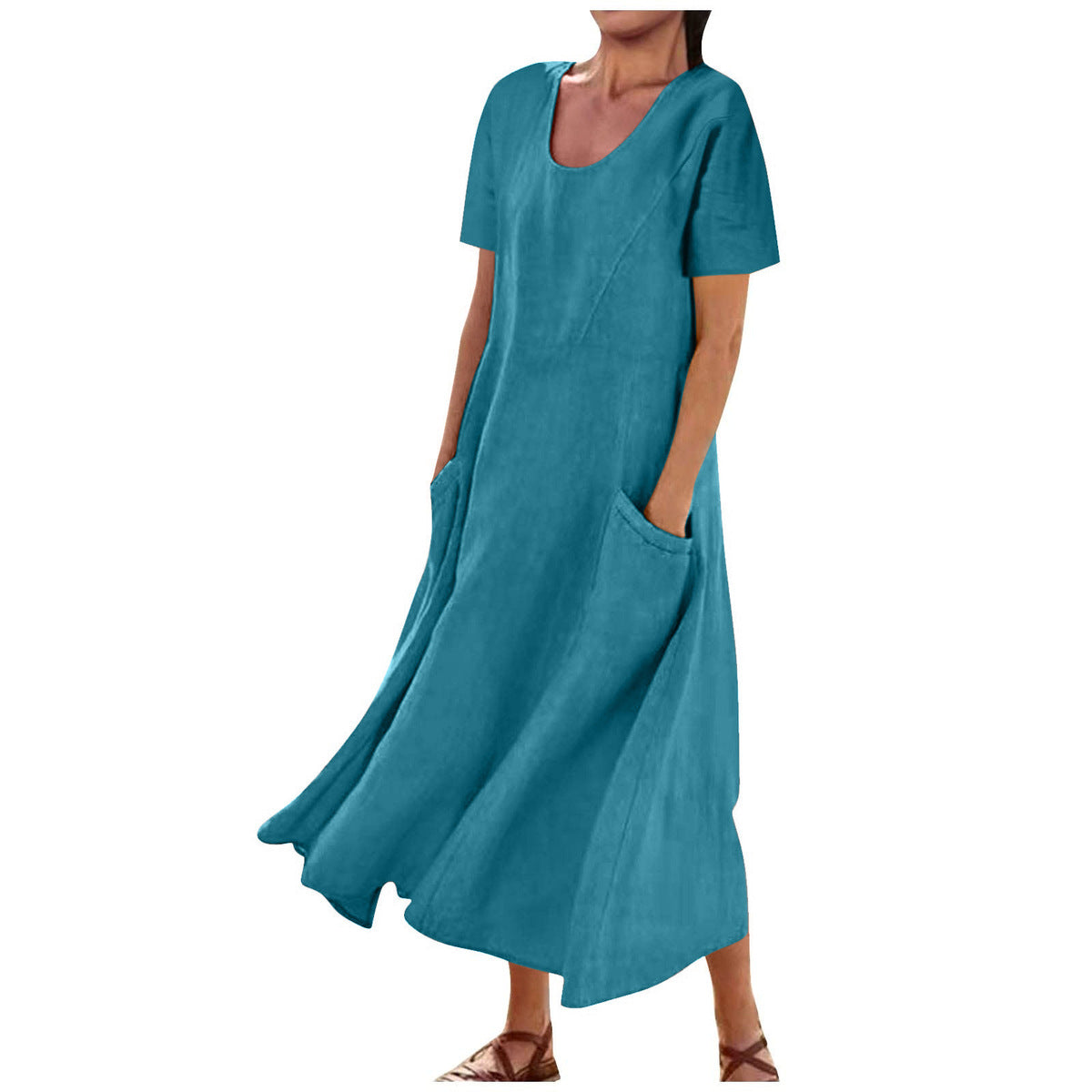 Vestido casual de lino y algodón de color liso para mujer