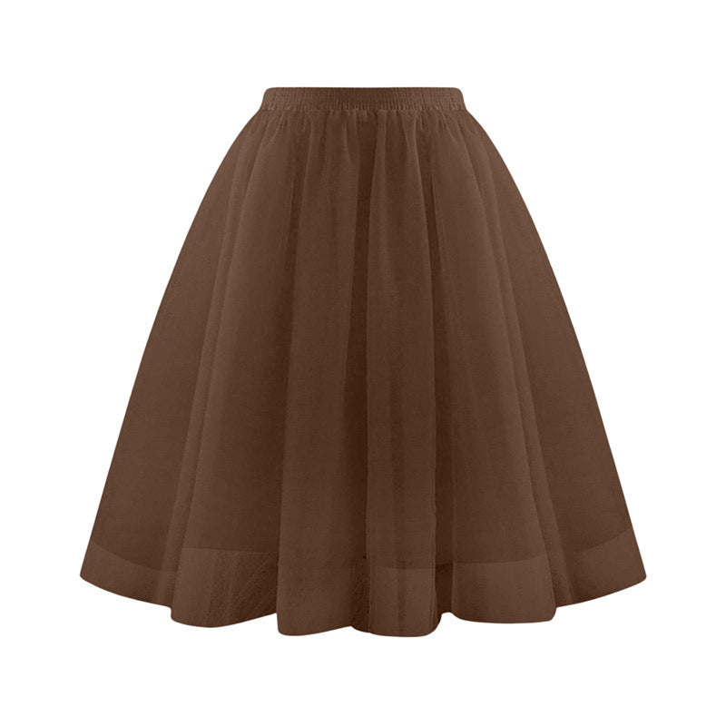 Women Fashion Elegant Solid Color High Waist Pleated Mesh Skirt