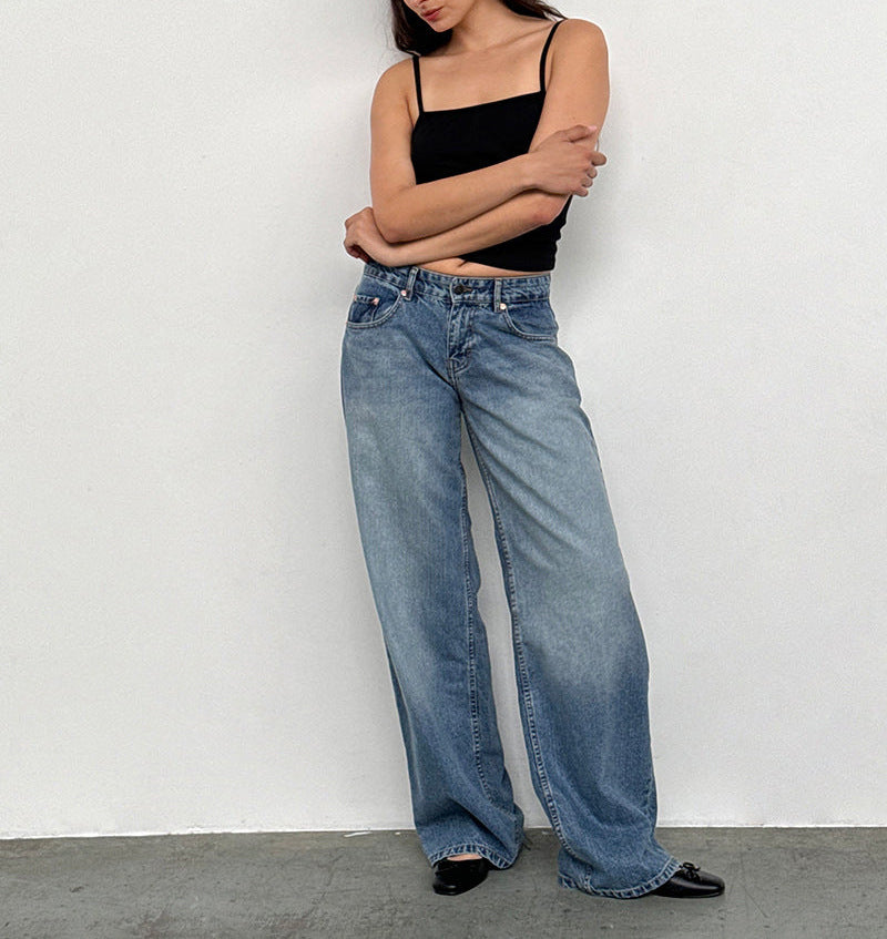 Vaqueros rectos de cintura baja de color liso retro casual para mujer