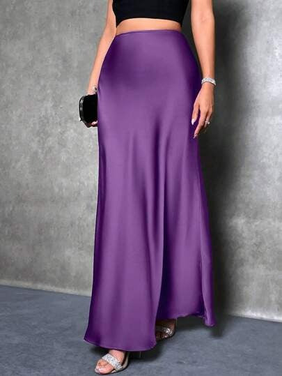 Women Fashion Casual Solid Color Satin Skirt