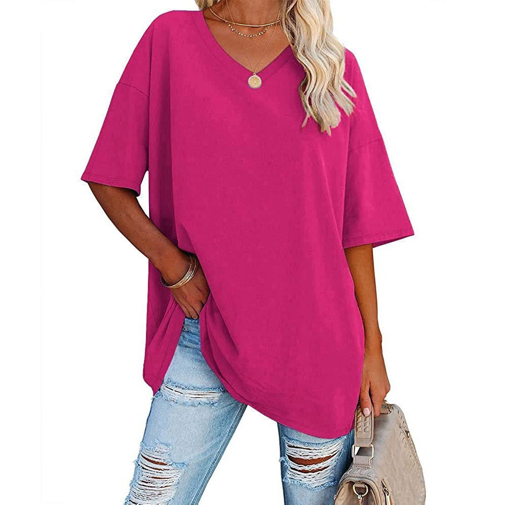 Camiseta informal holgada de manga corta con cuello en V para mujer, color liso