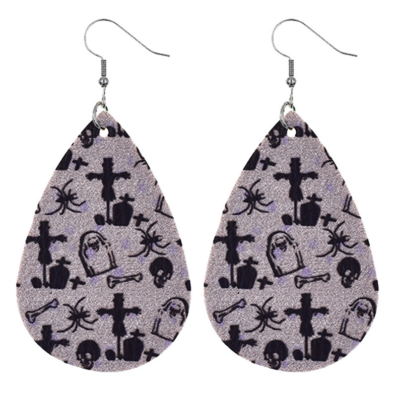 Halloween Women Fashion Leather Pumpkin Skull Earrings