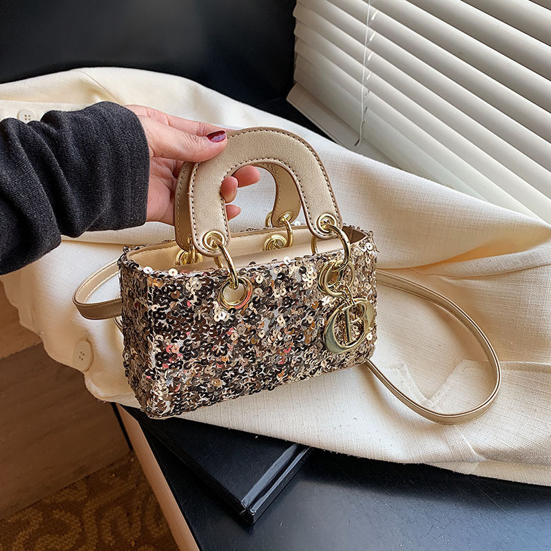 Mini bolso bandolera de verano con lentejuelas brillantes y correa de perlas