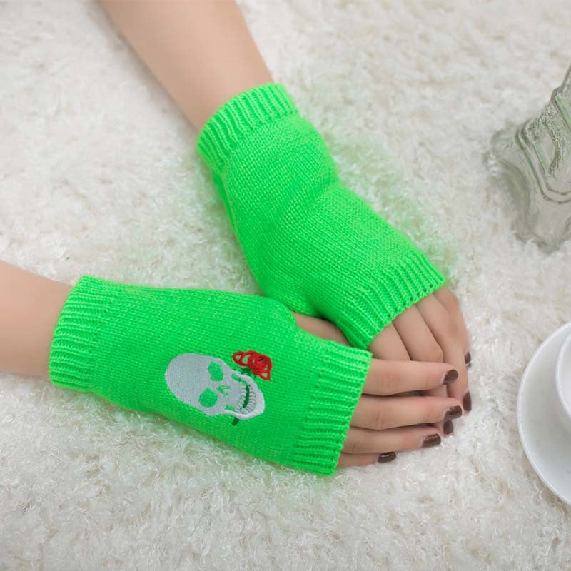 Halloween Autumn Winter Wool Embroidered Skull Gloves