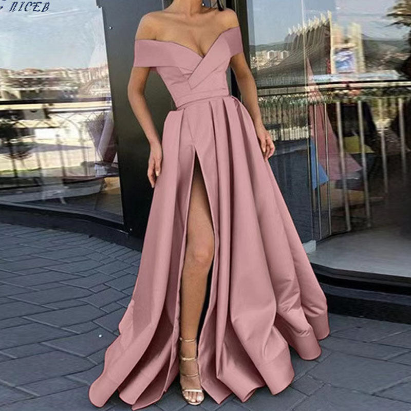 Women Sexy Elegant Satin Deep V-Neck Off Shoulder Party Dress